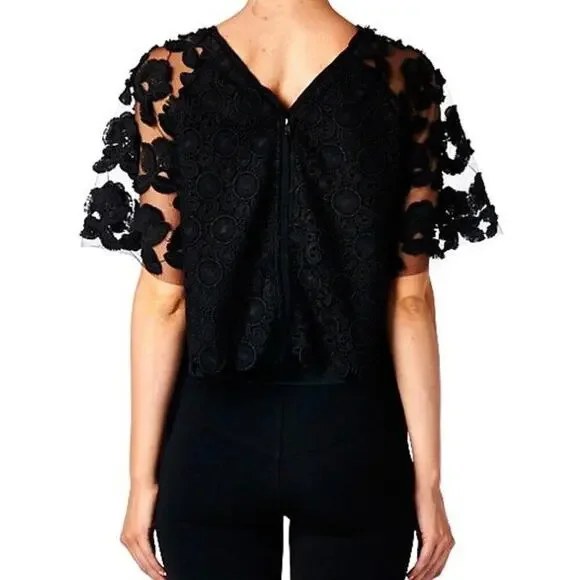 Black Lace Crochet 3/4 Sleeve Top Large Designer Comme made in USA - Picture 2 of 6